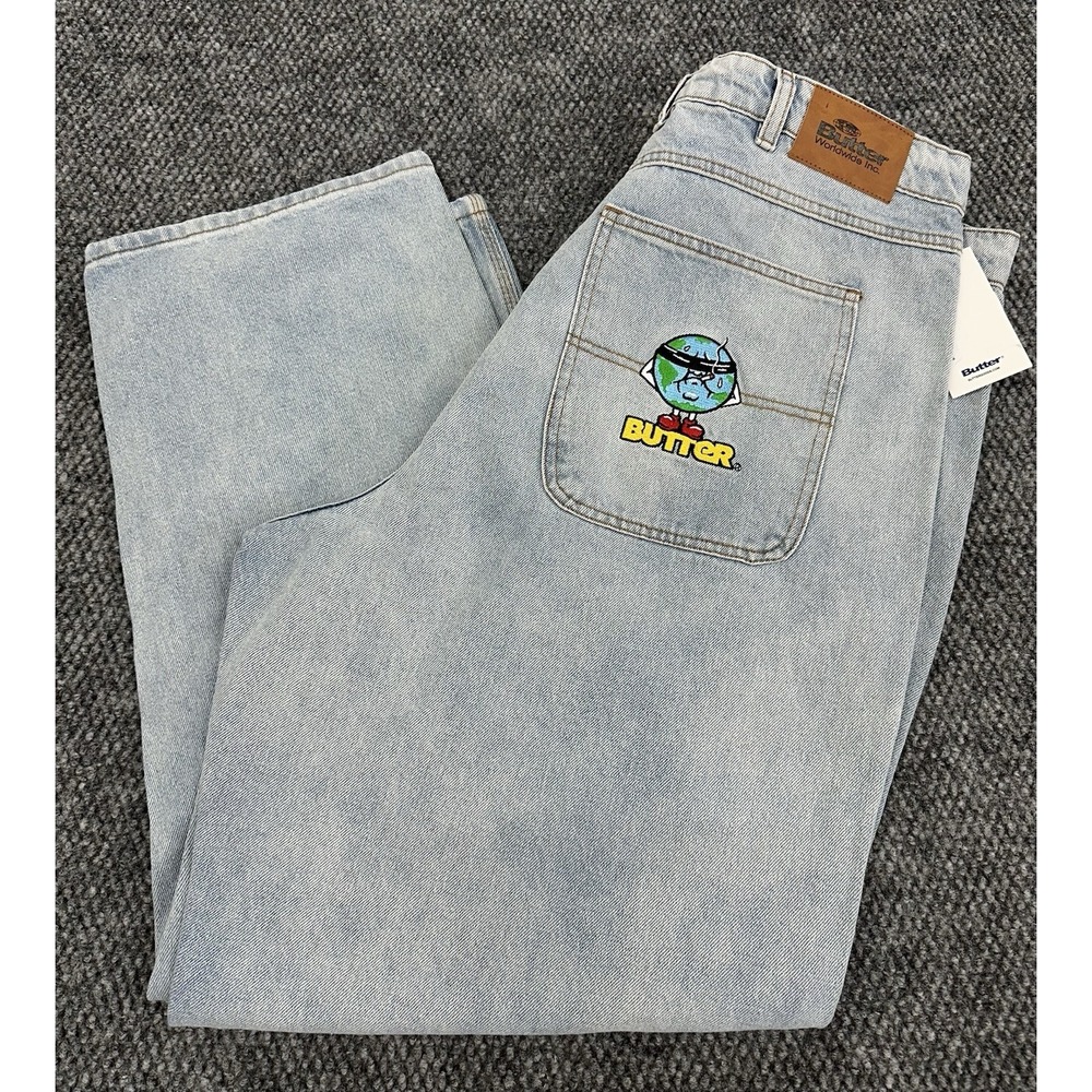 Butter Goods Size 38 Embroidered Denim Jeans Skate Baggy Pants Drawstring Street